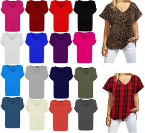 Women Baggy Over sized Loose Fit Turn up Batwing Sleeve V Neck Top T shirt - Picture 1 of 26