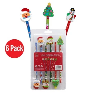 6pk Christmas Pencils With Erasers Kids Xmas Gift Festive Characters Assorted - Picture 1 of 3