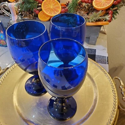 Vintage Libbey Premiere Cobalt Blue Water Footed Glasses Goblets USA Set of 3  - Image 1 of 4