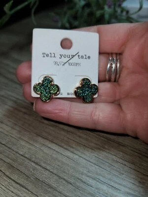 NWT Tell your tale Women's Green Blue Drusy Clover Stud Earrings Goldtone - Image 1 of 4