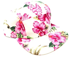 5 PANEL CAMPER WHITE PINK HIBISCUS FLORAL PRINT HAT CAP ADJUSTABLE FLOWER RETRO - Picture 1 of 3