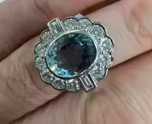 Anello di Fidanzamento 5,20 Ct Taglio Ovale Diamante Acquamarina Naturale Oro Giallo 14K - Foto 1 di 12