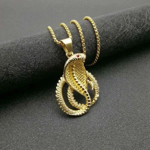 3D Cobras Snake Pendant Necklace Stainless Steel Plated Gold for Men Hip Hop - Picture 1 of 7