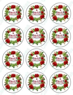 12x Guirnalda de Feliz Navidad 5cm PRE-CORTADA Comestible Glaseado Cupcake Toppers