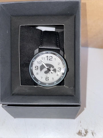 Iowa Hawkeyes College Leather Band Silver Faced Black Cased Mens Watch by Sparo Cover