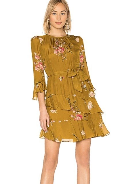 JOIE Women Career Cocktail KAYANE Goldenrod Bird Floral 100 Silk Dress 4 S