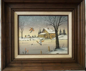Vtg Signed & Framed C CARSON Oil Painting ~ Winter Snow Pond & Old Mill w Ducks - Picture 1 of 4