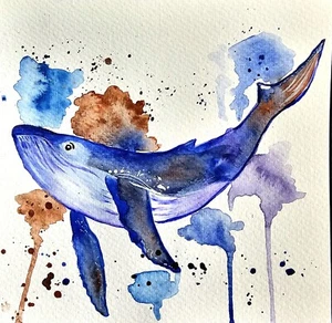 Whale Painting Fish Watercolor Painting,Original Art Ocean Art Underwater - Picture 1 of 9