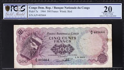 CONGO.DEM.REP, 500 FRANCS, 1964, PCGS 20 VERY FINE, P.7A - Image 1 of 4