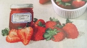 Cross Stitch "STRAWBERRY JAM" pattern ~ strawberries, jar - Picture 1 of 1
