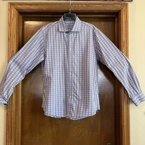 ๐ Bugatchi Uomo Button Up Dress Shirt Mens Large Shaped Fit Blue Geometric - Picture 1 of 21