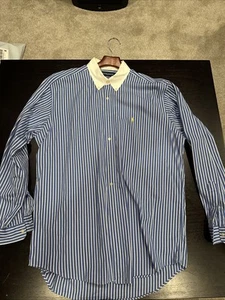 Vintage Ralph Lauren Dress Shirt Button Down L Blue White Pinstripe Power Collar - Picture 1 of 10