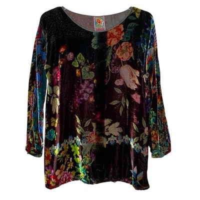 Johnny Was S Dark Floral Velvet Tunic Top Silk Blend Boho Lagenlook Winter - Image 1 of 4