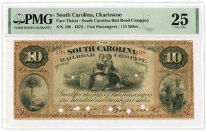 1873 $10 The South Carolina Railroad Co - Charleston, SOUTH CAROLINA Note PMG 25 - Picture 1 of 2