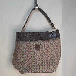 Borsa a mano grande Liz Claiborne marrone rosa verde blu a scacchi 14x12 nuova con etichetta - Foto 1 di 13