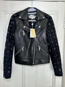 Michael Kors Women's Black Leather Motorbike Jacket With Gems NWT Size XS - Picture 1 of 11
