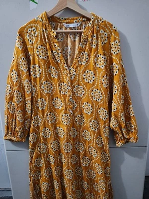 Vestido Zara Para Mujer S Dorado Caftán Midi Túnica Popover Geométrico Boho Hippie Playa Foto 1 de 4