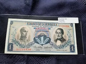 Colombia 1 Peso Oro 1969 Pick #404d Almost Uncirculated Serial #51294459 - Picture 1 of 2