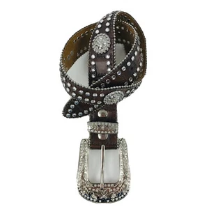 Nocona Silver Crystal Studs Size 22 Western Brown women belt Excellent condition - Picture 1 of 10