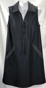 Vintage Sleeveless Denim Shirt Dress 10 Blk Lace Up Front Collar Y2K 90s Grunge - Picture 1 of 7