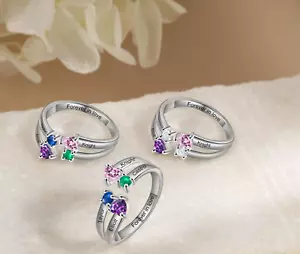 Personalized Mothers Ring Sterling Silver Engraved 2-4 Names & Birthstones - Picture 1 of 9
