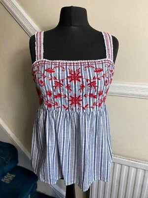 M&S Blue Embroidered Floral Striped Peplum Smock Summer 100% Cotton Blouse 20UK - Image 1 of 4
