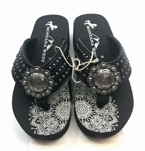 Montana West Western Bling Sandals Size 8 Wedge Concho Flip-Flops Black - Picture 1 of 12