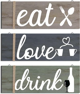 Jetec 3 Pcs Farmhouse Kitchen Wall Decor Rustic Wooden Home Eat Drink Love Sign - Picture 1 of 12