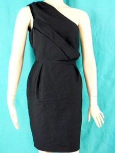 8 SINHA STANIC Black Silk Wool Cocktail Dress Mini 1 One Shoulder Formal Pleats - Picture 1 of 1