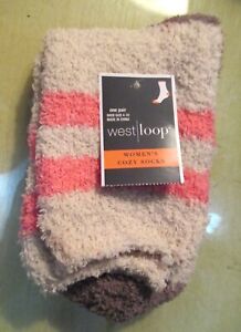 West Loop Woman’s Cozy Fuzzy Socks Soft 1 Pair Tan Pink and Grey Shoe Size 4-10
