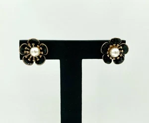 Vintage Floral Flower Earrings - Black Enamel Gold Tone Faux Pearl - Picture 1 of 4