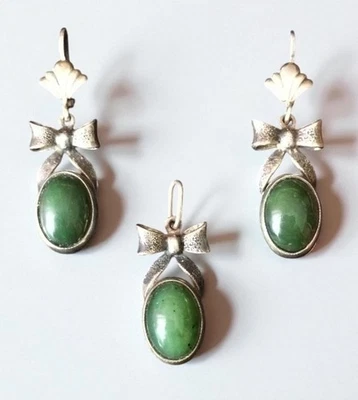 Vintage USSR Sterling Silver 925 Jewelry Set with Green Jade – Earrings & Pendan - Image 1 of 4