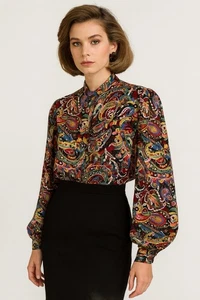 vintage DONCASTER SILKS shirt top blouse 100% silk long sleeve paisley 10 - Picture 1 of 7