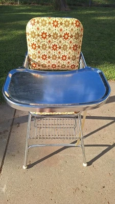 Vintage MCM High Chair Metal Vinyl Back And Seat with silver metal Tray - Image 1 of 4
