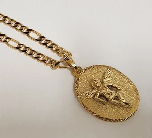 Large Oval Angel Charm Yellow Gold Plated & 24in Long 5mm Wide 6x1 Chain Set - Picture 1 of 7