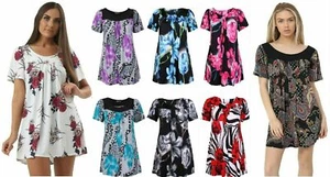 Scoop Neckline Smock Tunic Top Floral Print Women Ladies Plus Size Short Sleeves - Picture 1 of 24