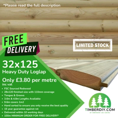 LOGLAP TIMBER CLADDING 32x125 TREATED WOOD TONGUE & GROOVE FREE DELIVERY SHIPLAP - Image 1 of 2