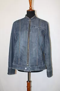 Coldwater Creek Sz 14 Denim Blue Jean Zipped Moto Jacket Med Wash Stretch - Picture 1 of 6