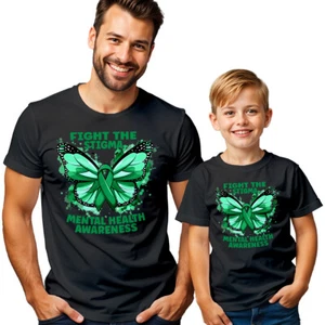 Mens Kids Butterfly Green Ribbon Mental Health Awareness T-Shirt Tee Anxiety#MHA - Picture 1 of 30