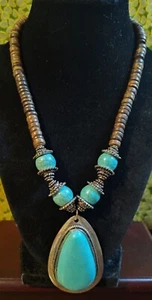 Faux Turquoise Pendant 18" Necklace Silver Wood 3" Ext Chunky 82g Southwestern - Picture 1 of 7