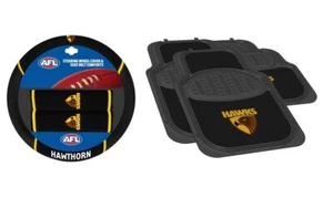 SET OF 2 HAWTHORN HAWKS AFL TEAM LOGO CAR STEERING WHEEL COVER & 4 FLOOR MATS - Foto 1 di 4