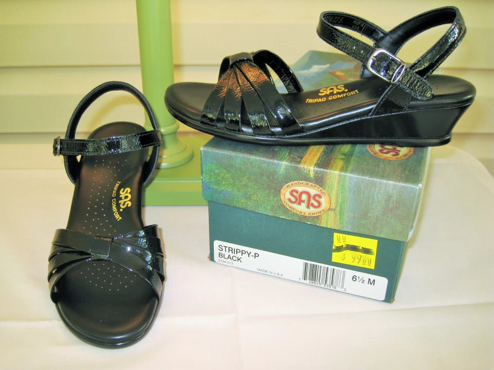 SAS Strippy Women Black Patent Sandal Size 7 MEDIUM