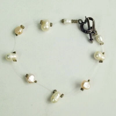 Pale Pink White Genuine Pearl Bracelet Sterling Silver Clasp Brass Tone Crimps - Image 1 of 4