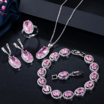 4pc Jewelry Set Pink Topaz Gems Silver Necklace Bracelet Earrings Ring For Women - Image 1 of 4