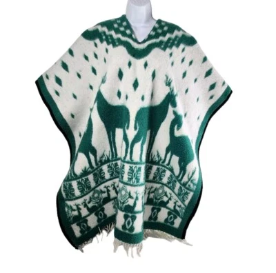 Vintage Mexican Poncho Blanket Reversible 70s Cuamatzi Deer Green White Fringe - Image 1 of 4