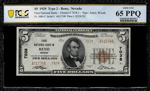 1929 $5 National Type 2 - Reno, Nevada - Fr. 1800-2 Charter 7038 PCGS 65 PPQ - Picture 1 of 2
