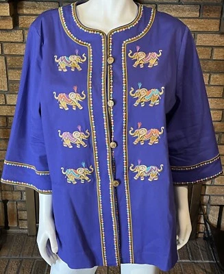 Chaqueta túnica Bob Mackie usable arte púrpura bordado elefante talla XL Foto 1 de 4