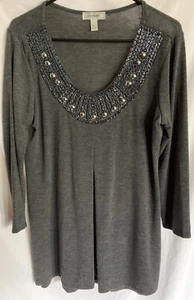 Dressbarn Sweater Top Gray Embellished Beads Pullover Long Sleeve Size Medium - Picture 1 of 7