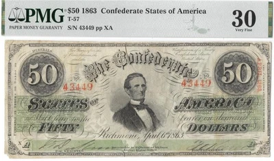 T-57 1863 $50 Confederate RARE PF-9 Double Engraver Name Error Variety PMG VF30 - Image 1 of 4