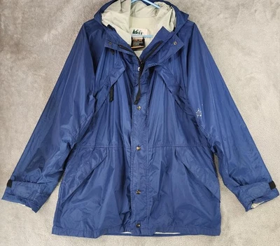 REI Gore Tex Jacket Mens Large Blue Hooded Rain Parka Made USA 90s Vintage - Image 1 of 4